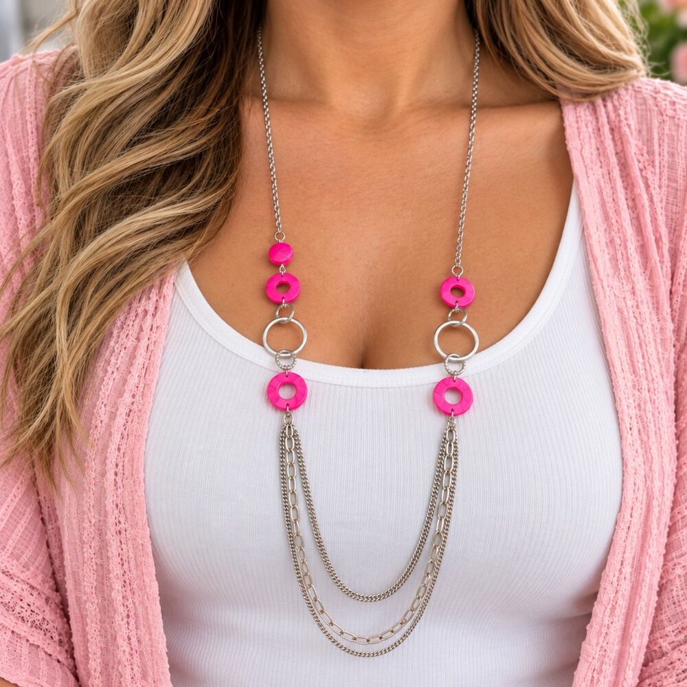 Hot Pink Silver Tone Multi Strand Layered Necklace Circle Links Y2K Inspired